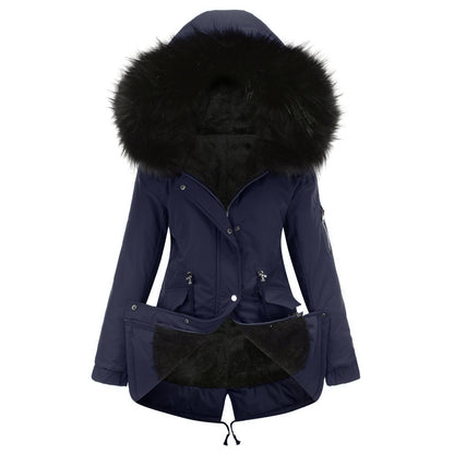 Navy blue winter coat with black fur hood on a white background