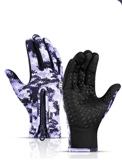 Pair of gloves with one camouflage pattern and one black on a white background