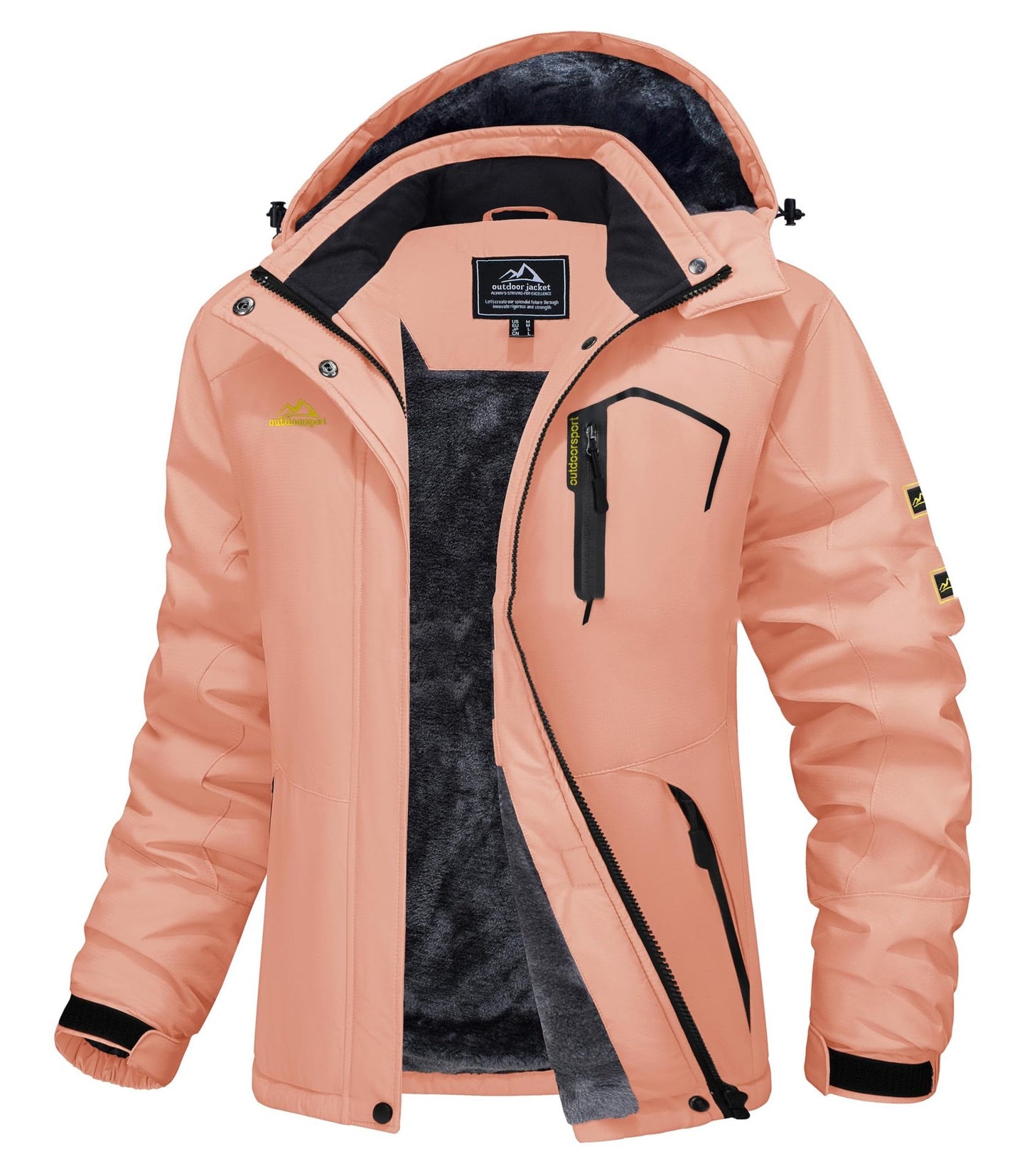 Pink winter jacket with black accents on a white background