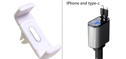 White phone holder on the left and USB charger with multiple ports on the right, labeled for iPhone and Type-C compatibility.