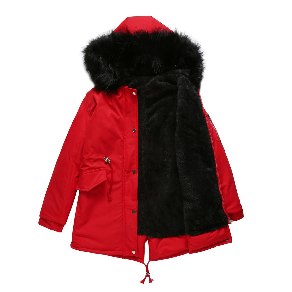 Red parka coat with black fur lining on a white background