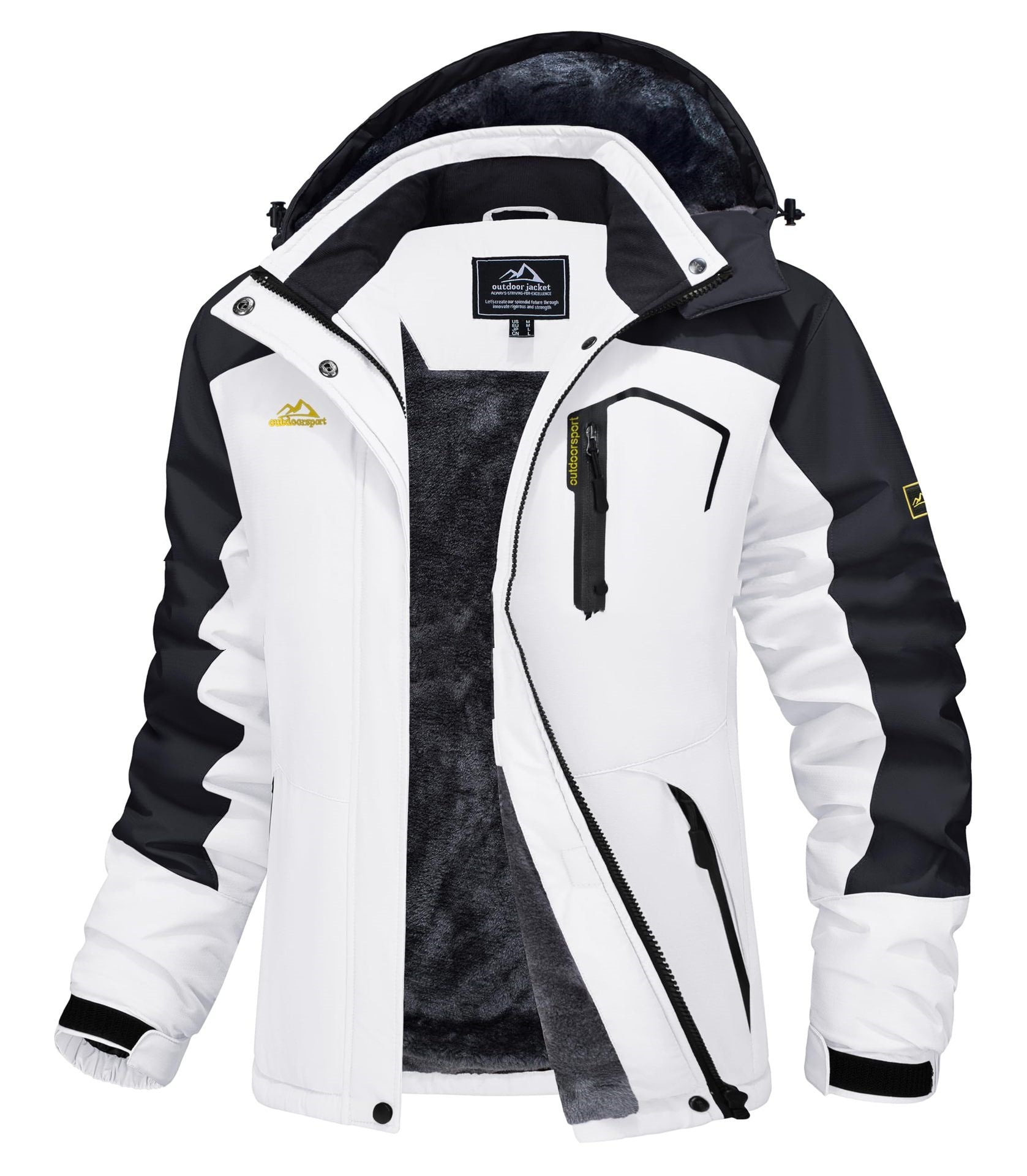 White and black jacket with visible brand logo on a white background