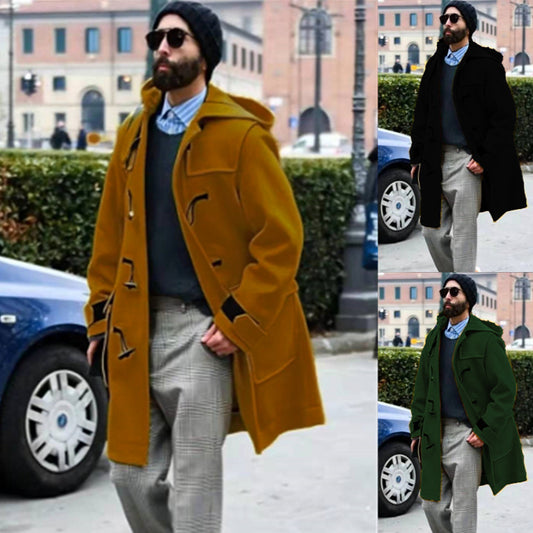 Three images of a man wearing different colored coats in an urban setting.