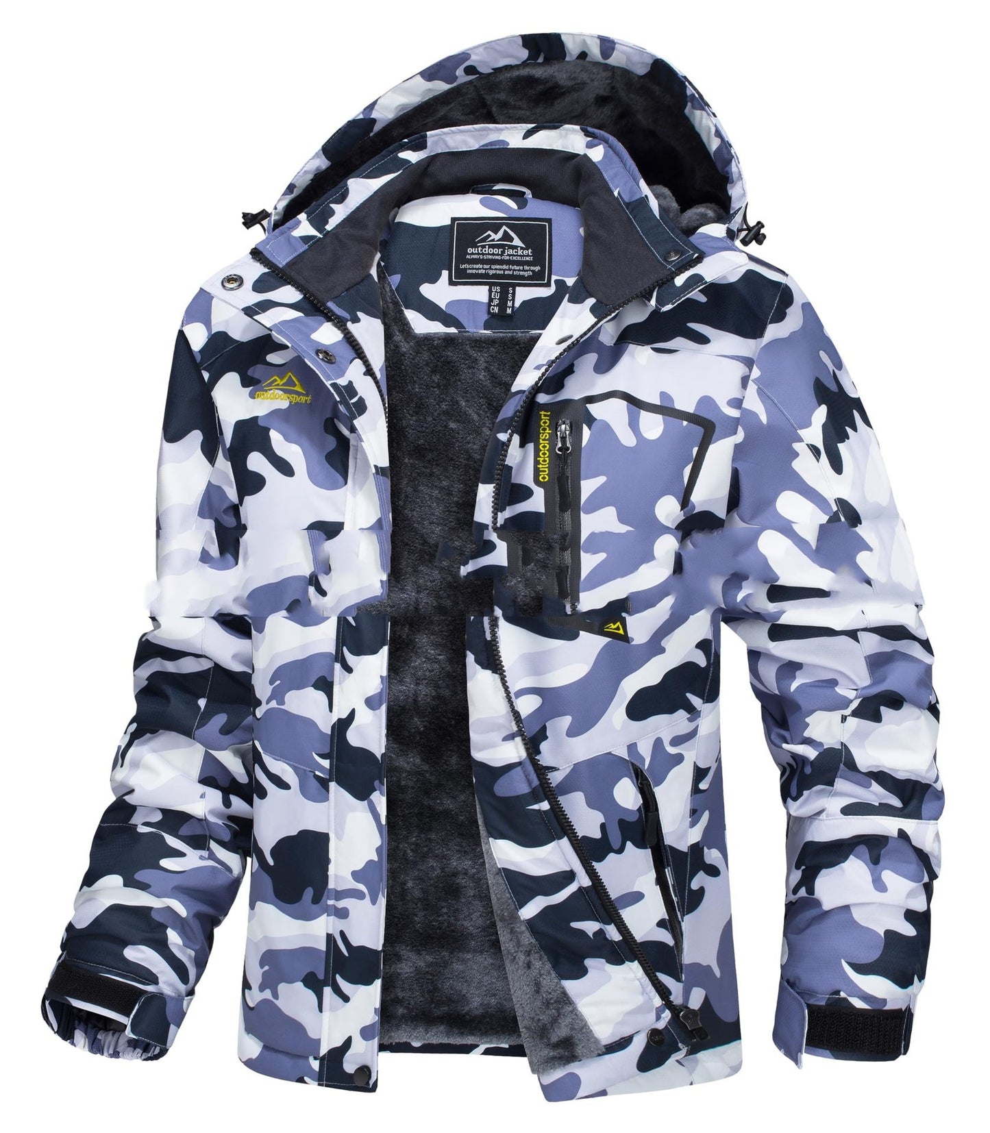 Camouflage-patterned jacket with visible branding on a white background