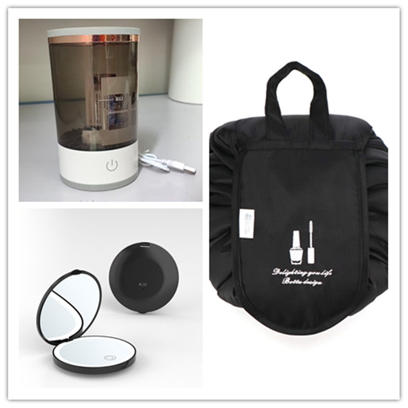 Collage of a black makeup bag, compact mirror, and cylindrical product on a white background.