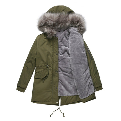 Green parka coat with fur-lined hood on a white background
