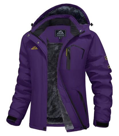 Purple winter jacket with gray lining on a white background