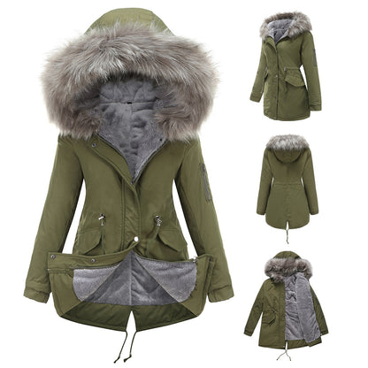 Green parka coat with gray fur hood and lining on a white background