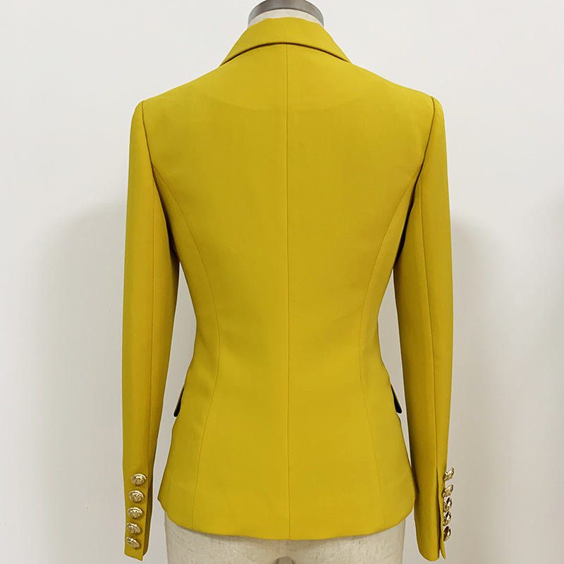 Yellow blazer on a mannequin against a white background