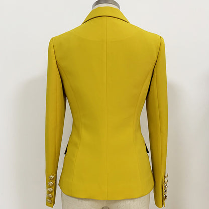 Yellow blazer on a mannequin against a white background