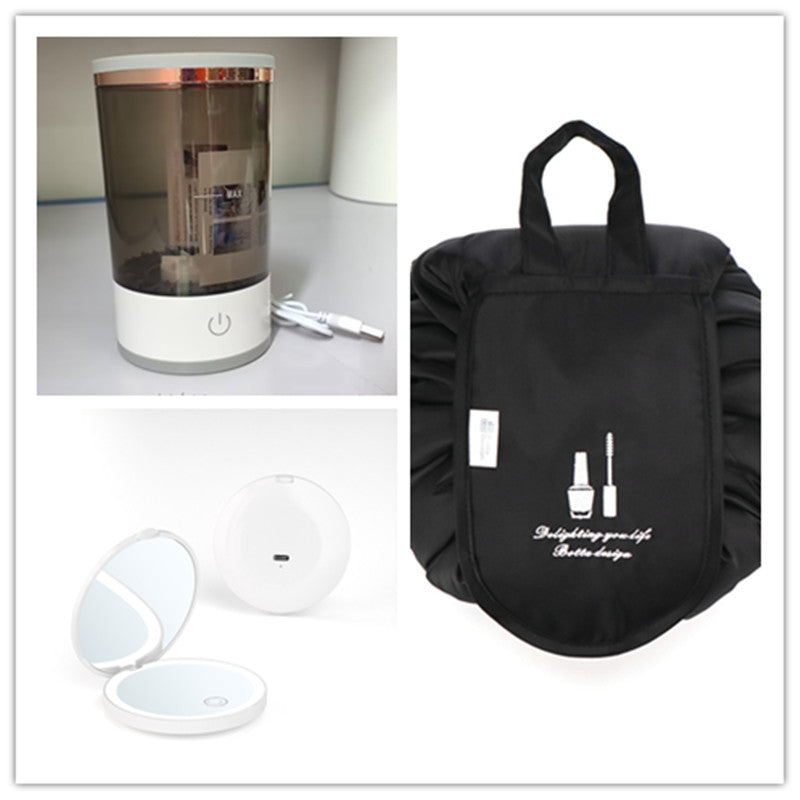 Collage of a black makeup bag, a cylindrical device with a power button, and a white compact mirror.