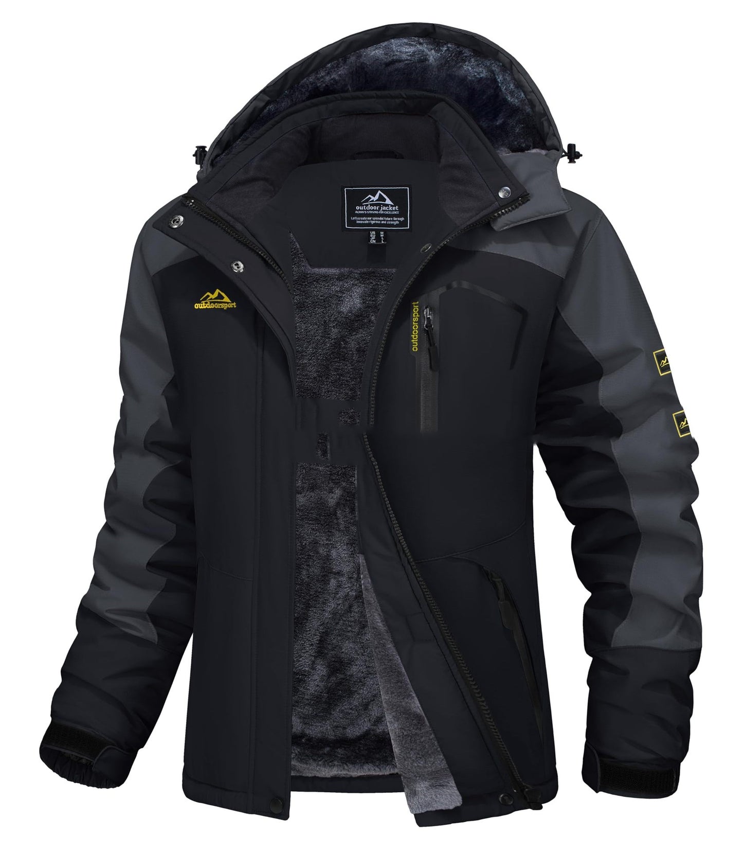 Black and gray winter jacket with visible branding on a white background
