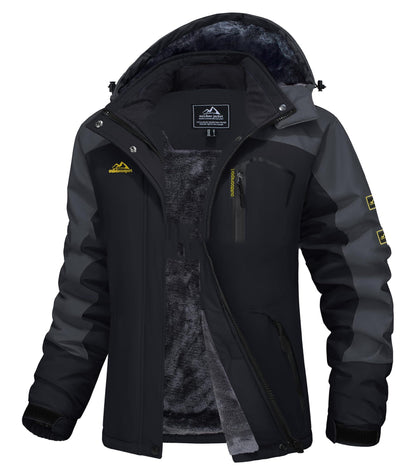 Black and gray winter jacket with visible branding on a white background