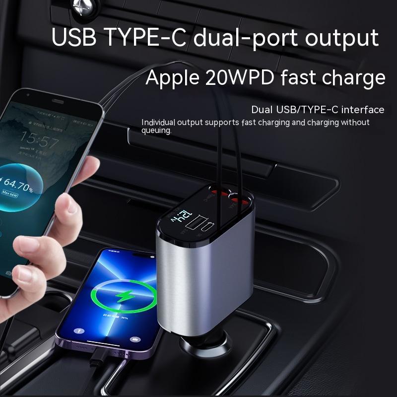 USB Type-C dual-port output device charging two smartphones with text on a dark background