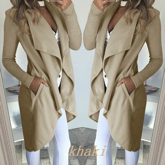 Khaki long coat worn by a person with a neutral background
