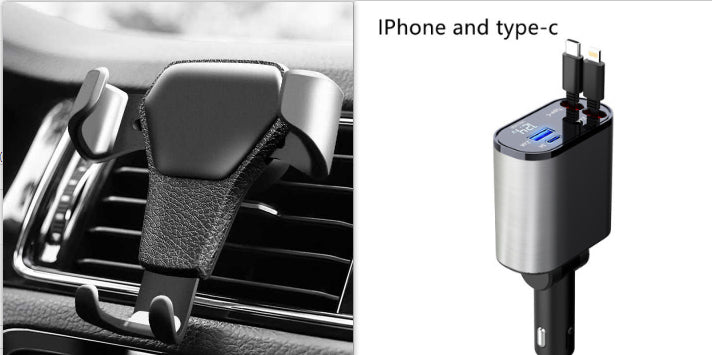 Car phone holder and charging adapter for iPhone and Type-C on a white background