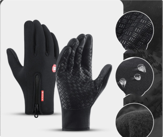 Black gloves with textured palm and touch screen tips on a white background