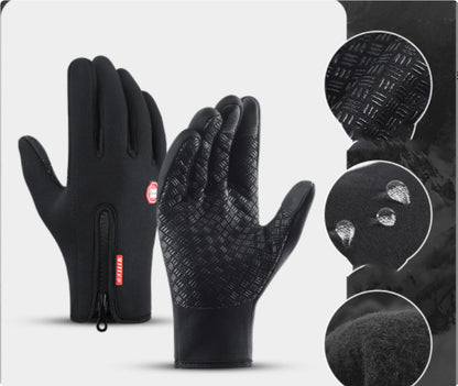 Black gloves with textured palm and touch screen tips on a white background