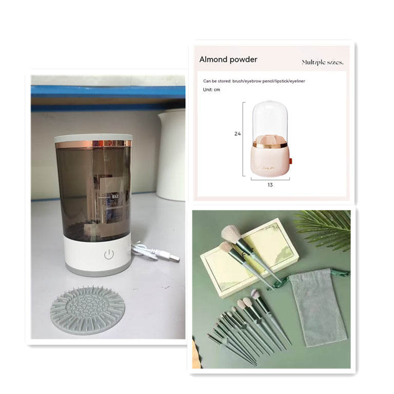Collage of a beauty device, powder container, and makeup brushes with packaging on a white background.