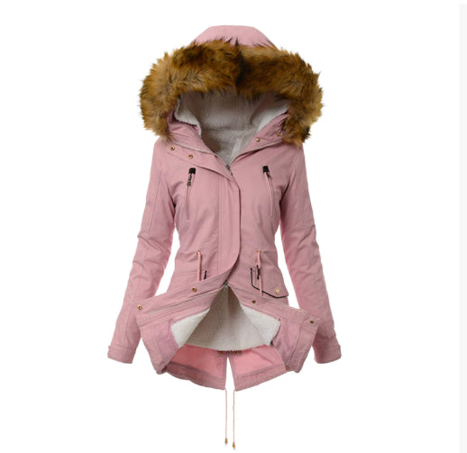 Pink winter jacket with fur hood on a white background