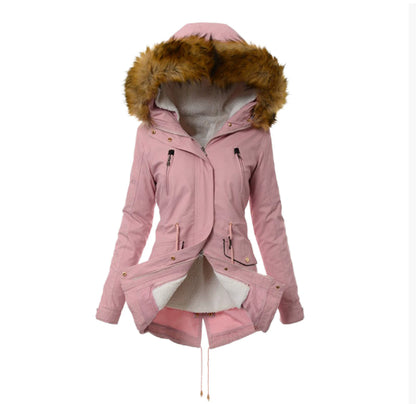 Pink winter jacket with fur hood on a white background