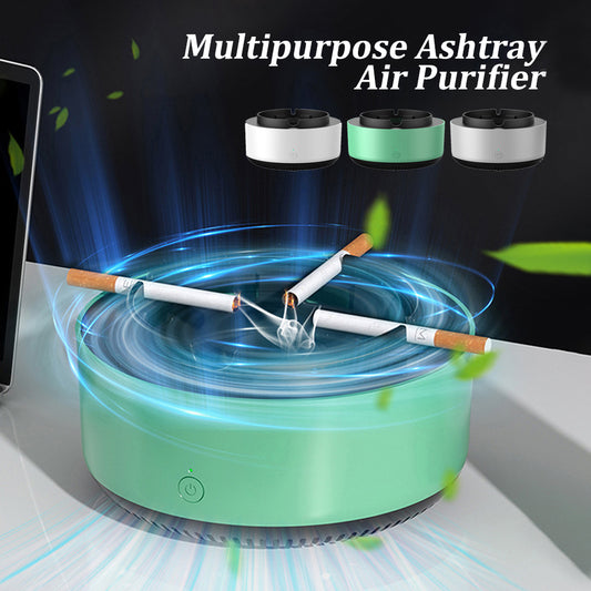 Multipurpose ashtray air purifier with smoking cigarettes and blue light effects.